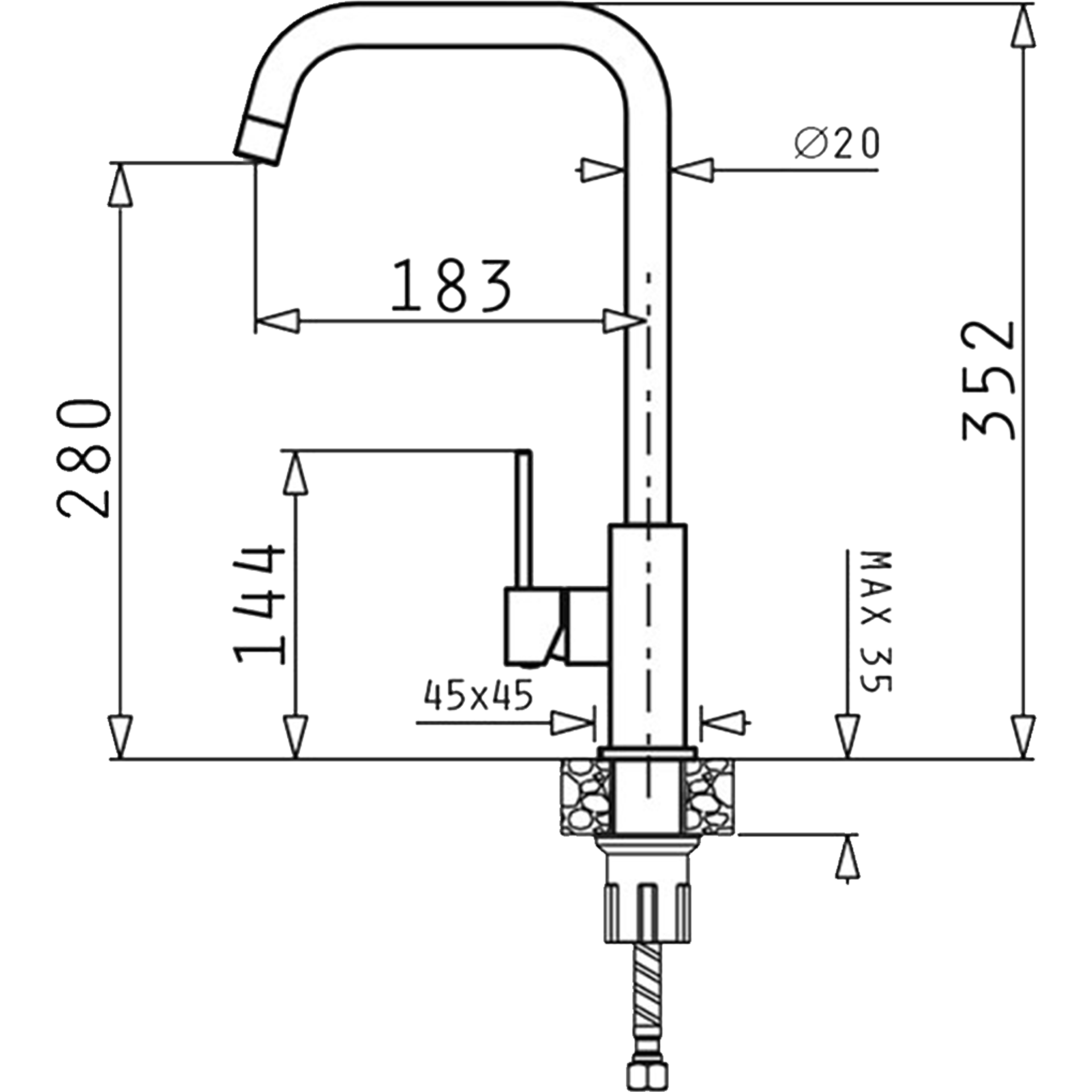 Pyramis Armatur Adelita PVD Skizze Maße