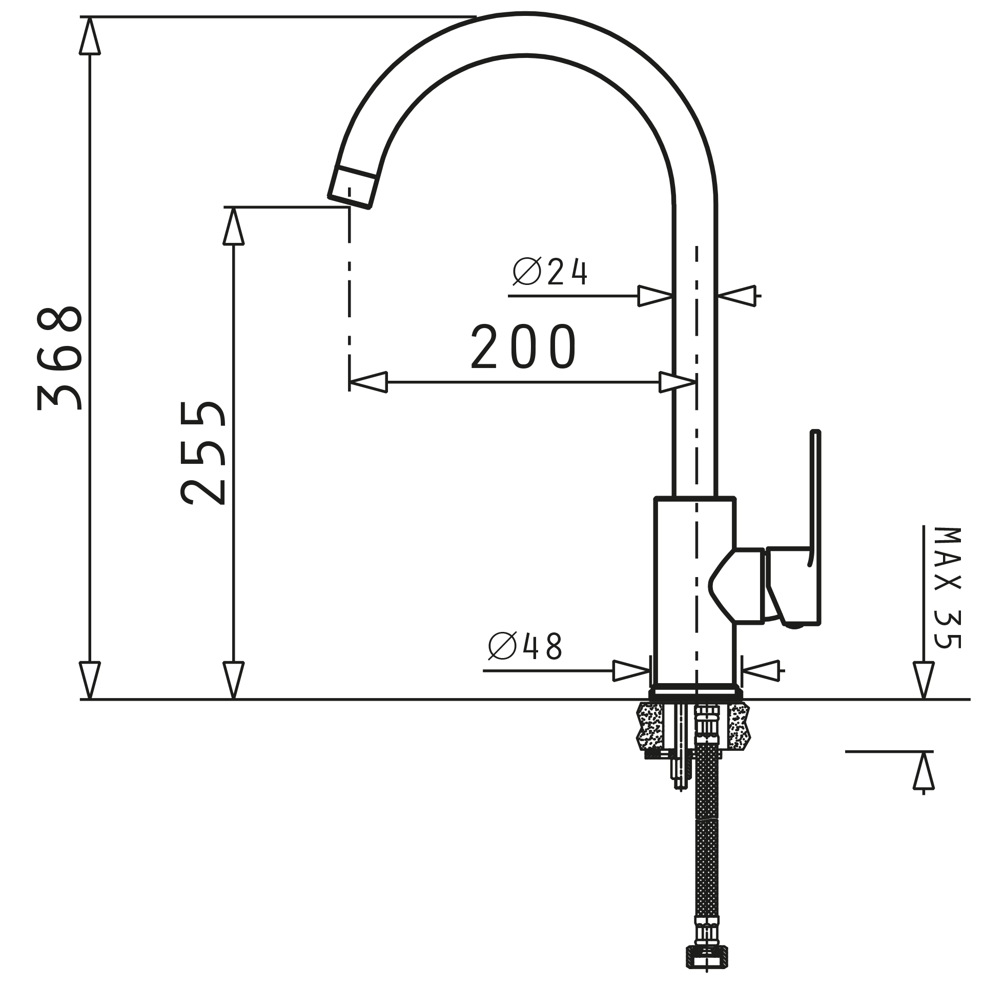 Pyramis Armatur Clodia in Edelstahl Skizze Maße