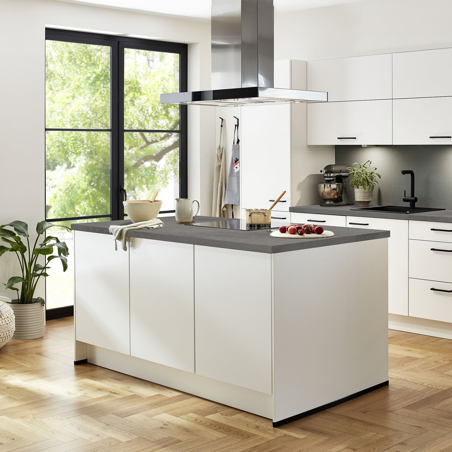 Nobilia Elements Kochinsel in Alpinweiß Supermatt Touch & Beton Schiefergrau