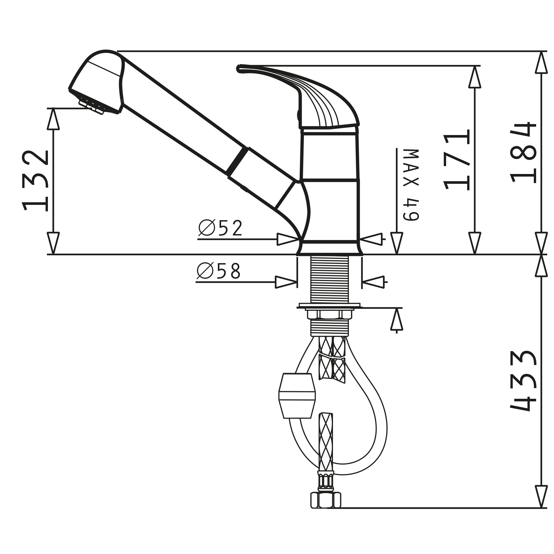 Pyramis Armatur Festivo in Edelstahl Skizze Maße Hochdruck