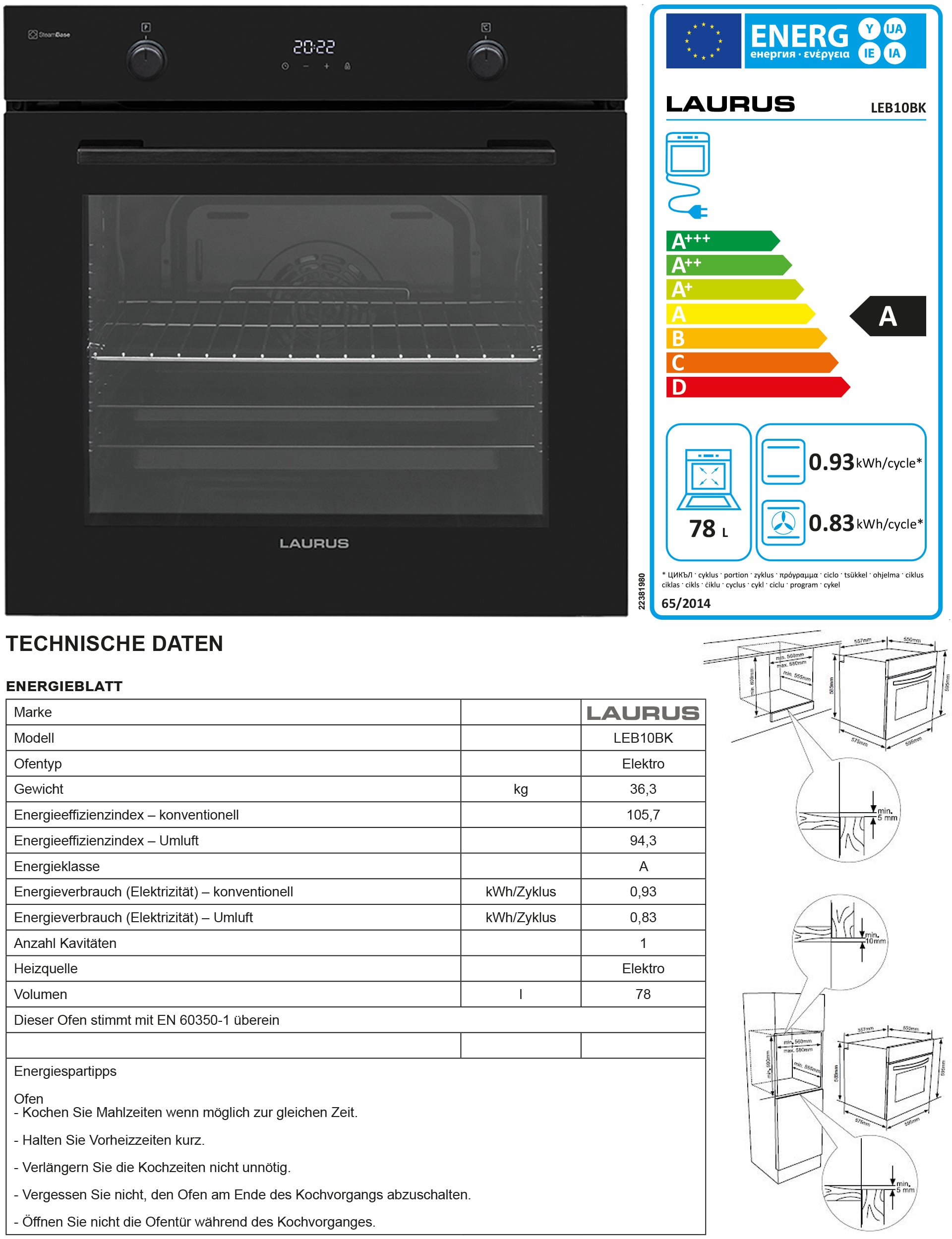 Laurus Einbaubackofen LEB10BK 80200