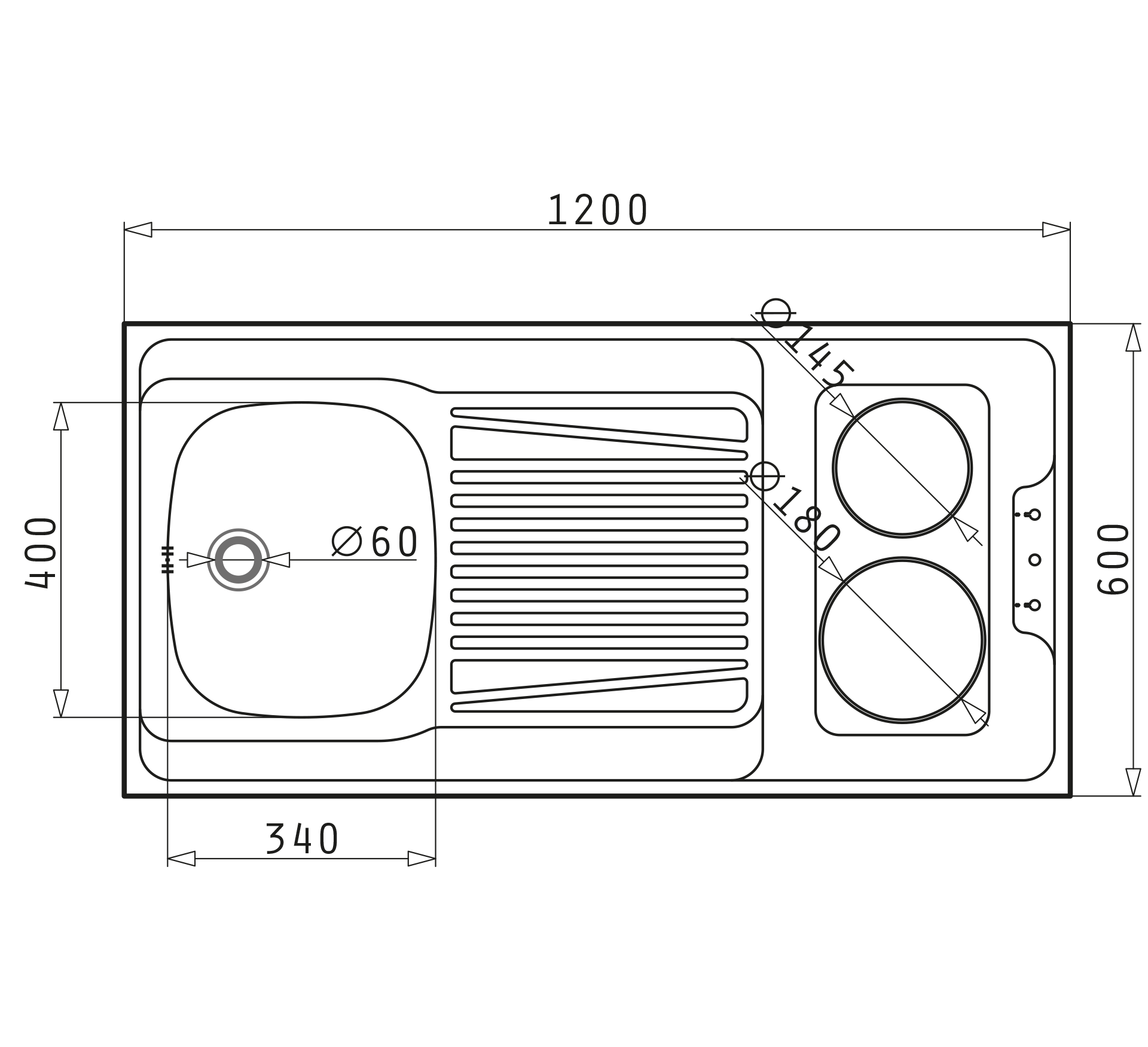 Pyramis PANTRY (120X60) 1B 1D SPARTA WITH 2 UNEQUAL ELECTRIC HOBS_L Skizze Masse